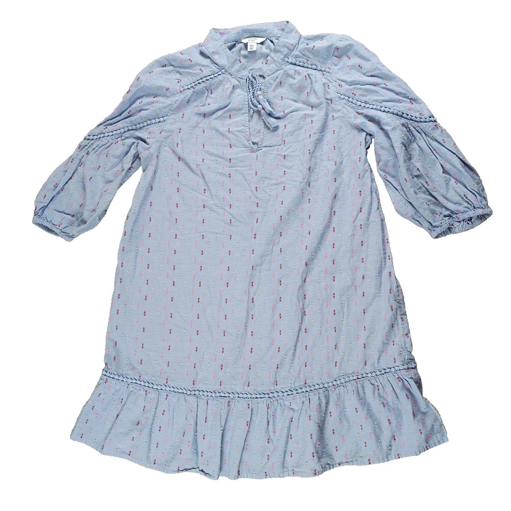 Crown & Ivy Petite PM Blue Clip Dot Shirt Dress Balloon 3/4 Sleeve Tunic Tie